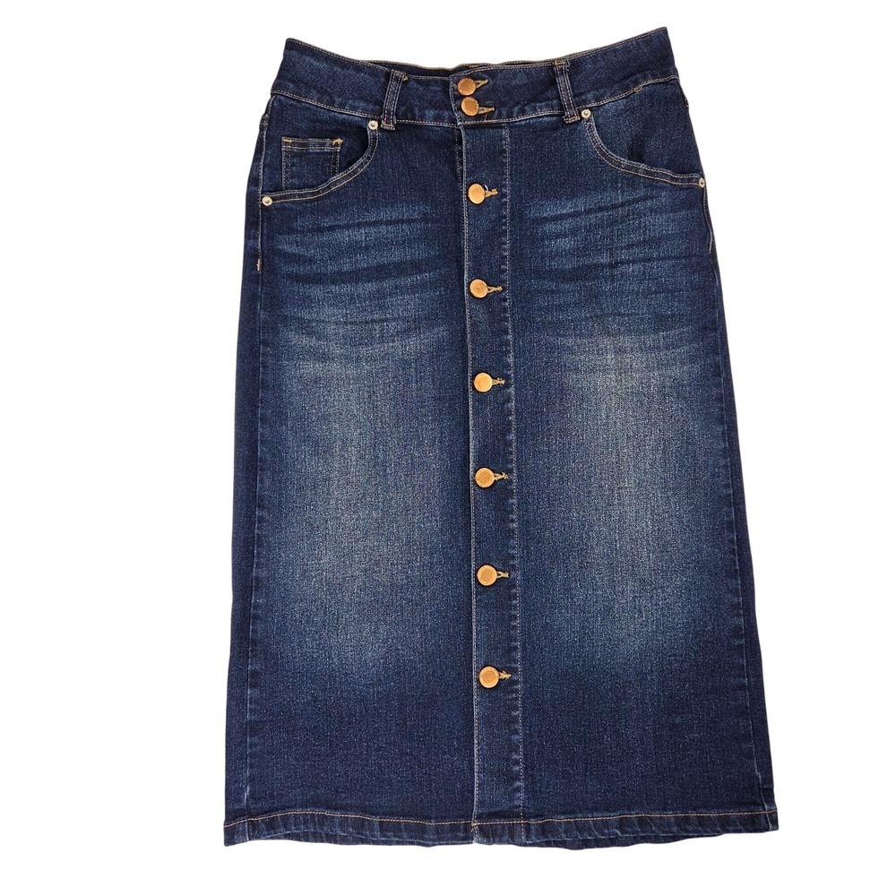 Copper Flash A-line Denim Blue Jean Stretchy Button Down Midi Skirt Fall Sz 6